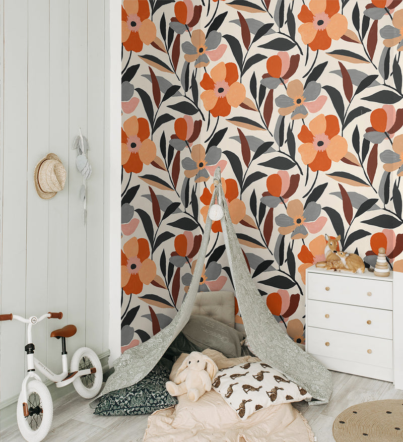 media image for Garden Block Floral Peel-and-Stick Wallpaper in Orange & Ebony 270