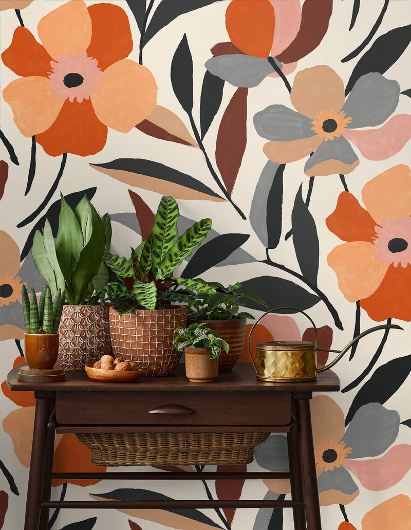 media image for Garden Block Floral Peel-and-Stick Wallpaper in Orange & Ebony 263