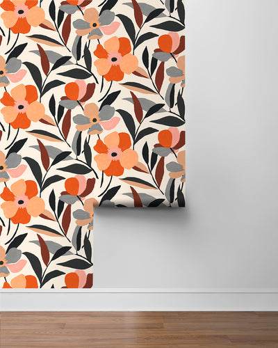 product image for Garden Block Floral Peel-and-Stick Wallpaper in Orange & Ebony 94