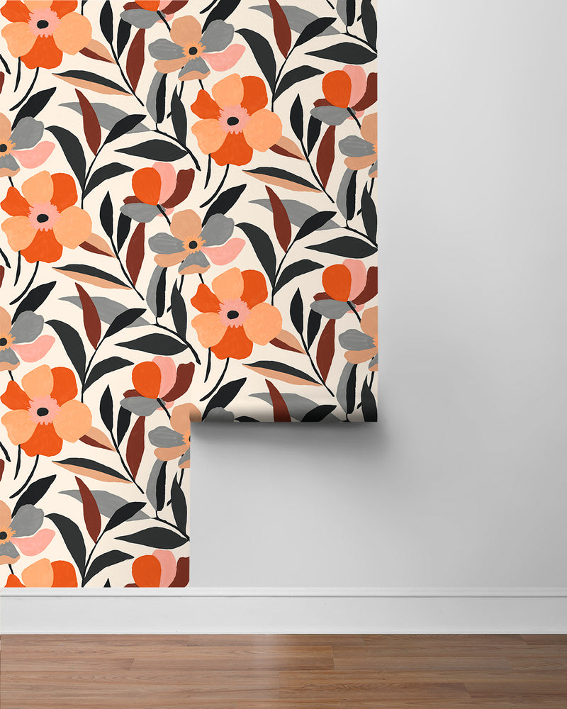 media image for Garden Block Floral Peel-and-Stick Wallpaper in Orange & Ebony 280