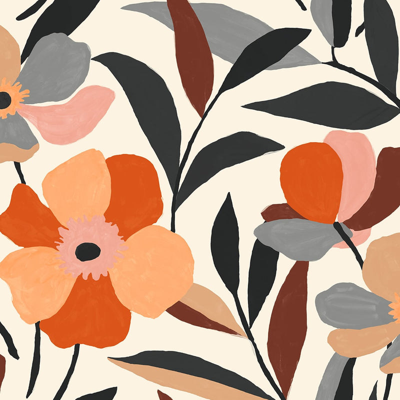 media image for Garden Block Floral Peel-and-Stick Wallpaper in Orange & Ebony 266