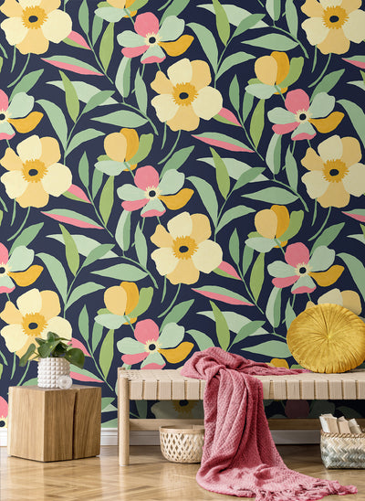 product image for Garden Block Floral Peel-and-Stick Wallpaper in Deep Navy & Pastels  27