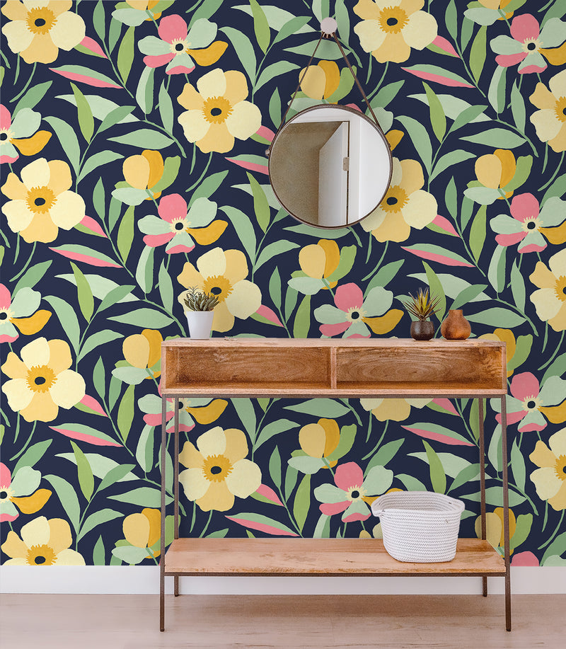 media image for Garden Block Floral Peel-and-Stick Wallpaper in Deep Navy & Pastels  223