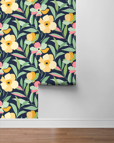 product image for Garden Block Floral Peel-and-Stick Wallpaper in Deep Navy & Pastels  52