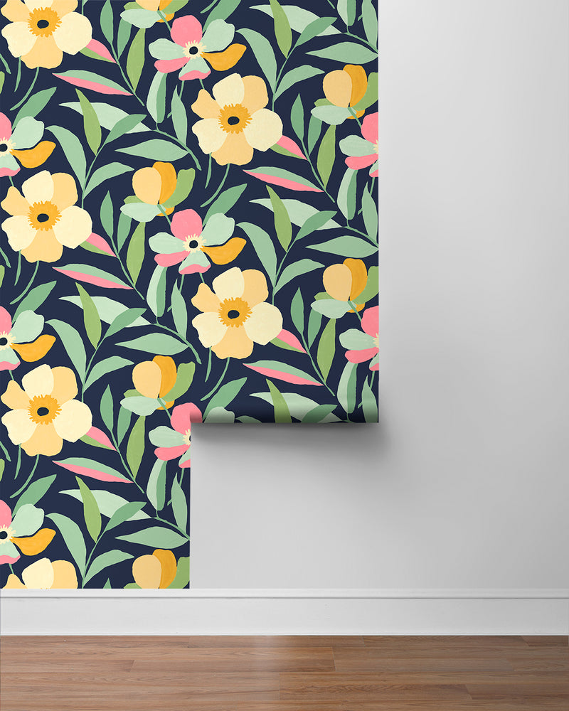 media image for Garden Block Floral Peel-and-Stick Wallpaper in Deep Navy & Pastels  280