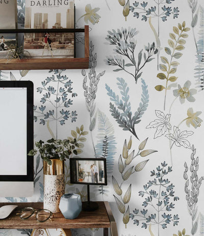 product image for Wild Garden Peel-and-Stick Wallpaper in Glacier Blue & Matte Brass 52