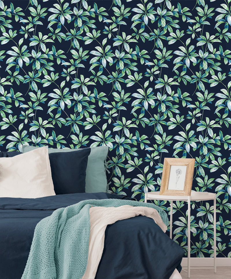 media image for Leaf Trail Peel-and-Stick Wallpaper in Navy & Spearmint 236