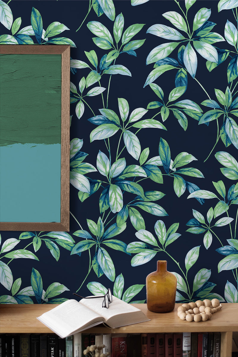 media image for Leaf Trail Peel-and-Stick Wallpaper in Navy & Spearmint 267