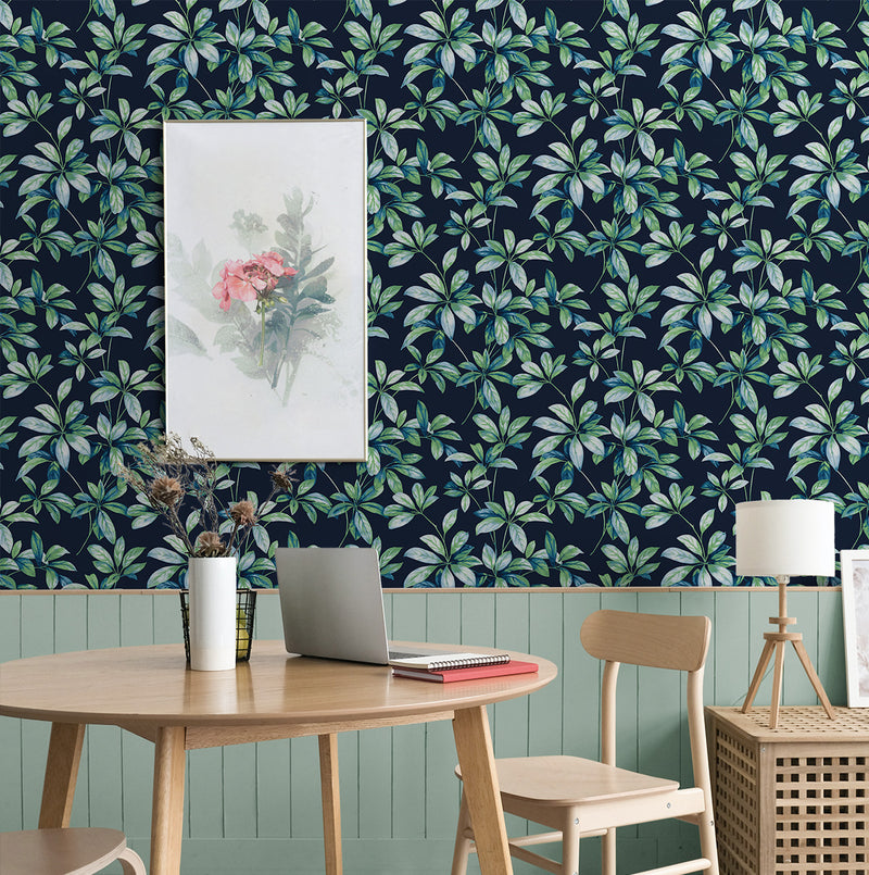 media image for Leaf Trail Peel-and-Stick Wallpaper in Navy & Spearmint 21