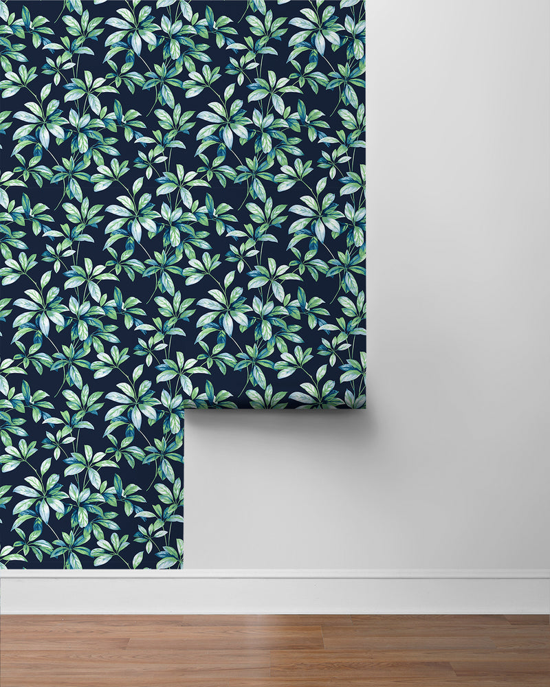 media image for Leaf Trail Peel-and-Stick Wallpaper in Navy & Spearmint 224