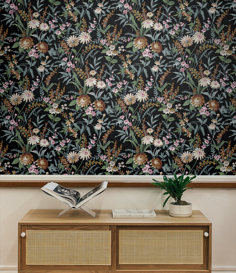 media image for Vintage Floral Peel-and-Stick Wallpaper in Onyx 22