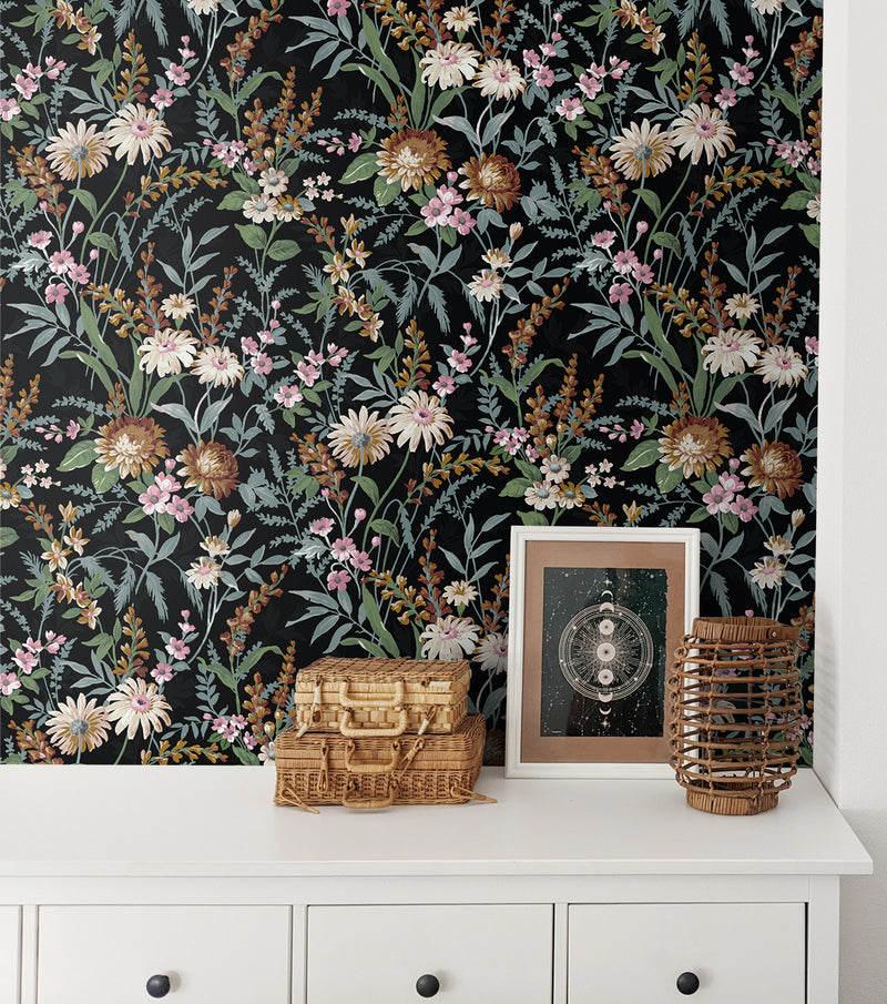 media image for Vintage Floral Peel-and-Stick Wallpaper in Onyx 225