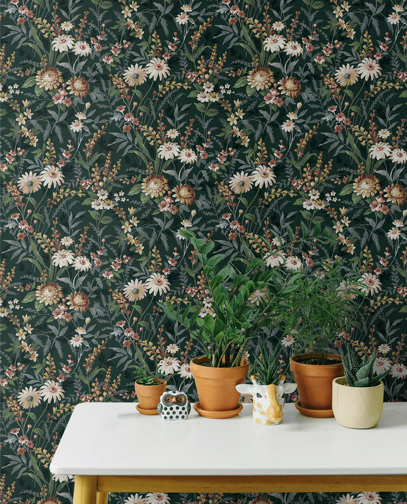 media image for Vintage Floral Peel-and-Stick Wallpaper in Forest Green 231