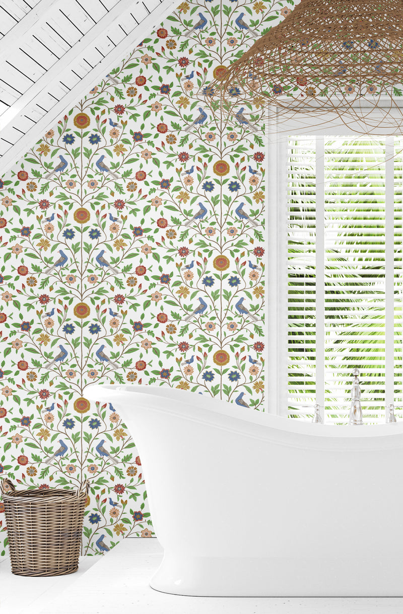 media image for Bird Toile Peel-and-Stick Wallpaper in White 264
