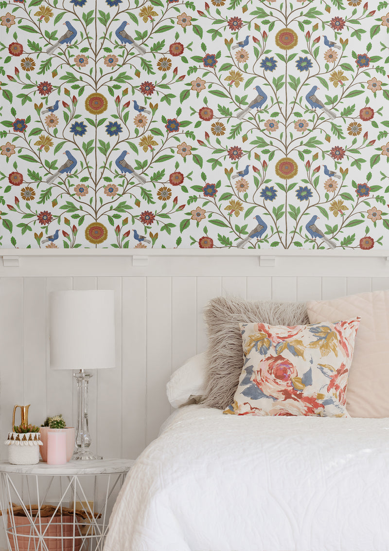media image for Bird Toile Peel-and-Stick Wallpaper in White 29
