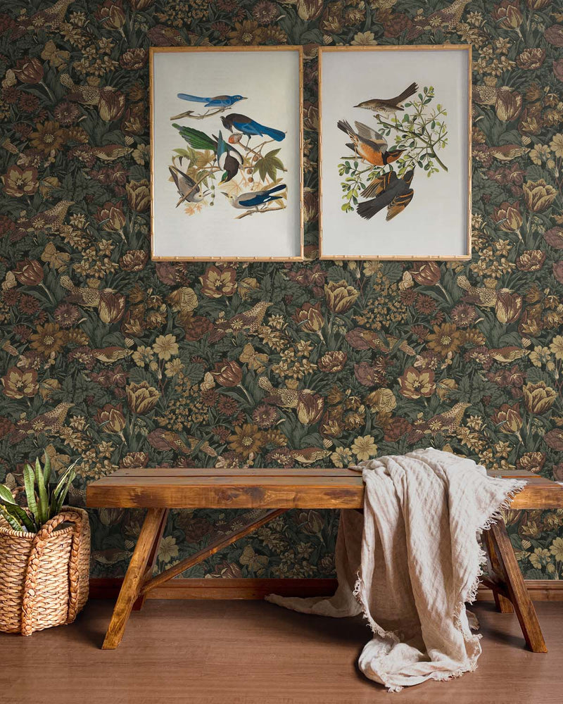 media image for Bird Floral Peel-and-Stick Wallpaper in Mahogany & Graphite 222