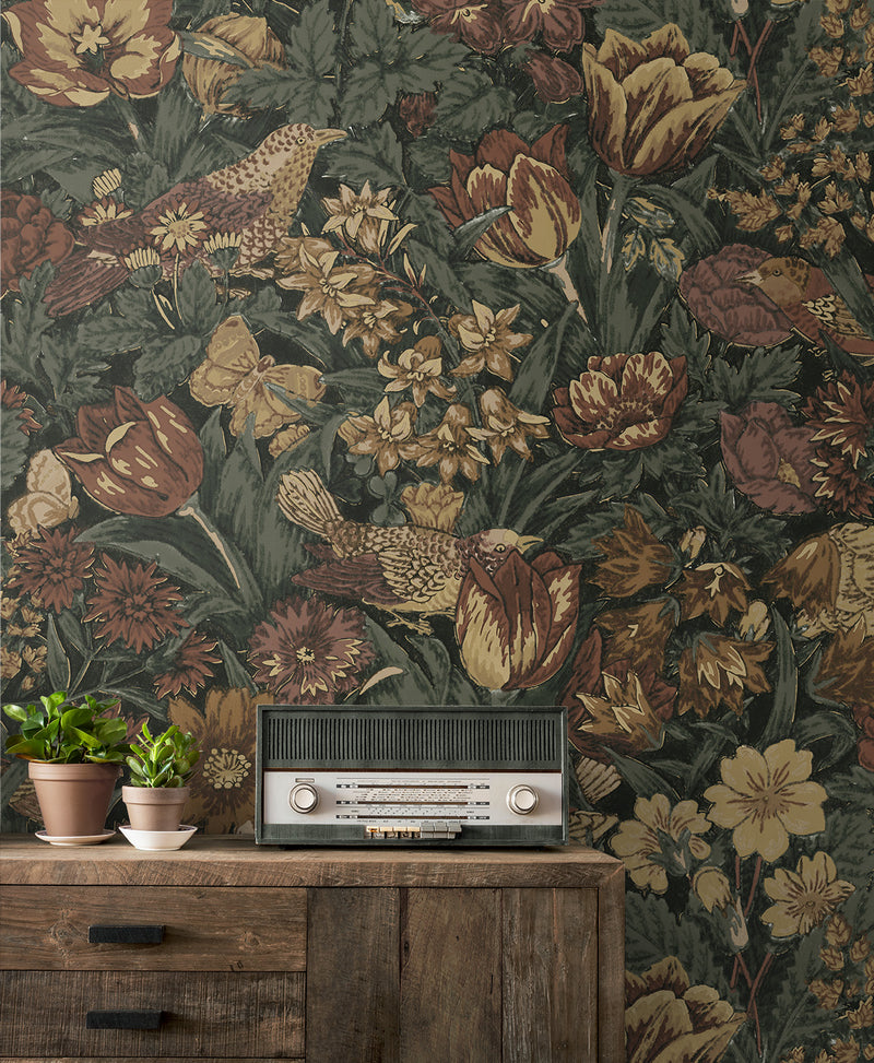 media image for Bird Floral Peel-and-Stick Wallpaper in Mahogany & Graphite 290