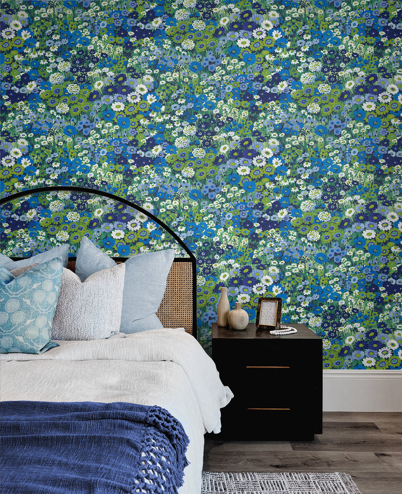 media image for Floral Meadow Peel-and-Stick Wallpaper in Bright Blue & Sap Green 239