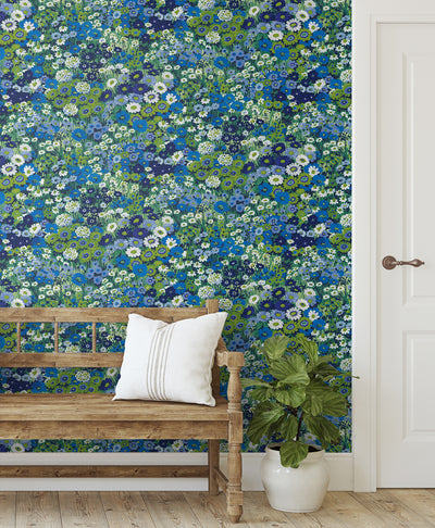 product image for Floral Meadow Peel-and-Stick Wallpaper in Bright Blue & Sap Green 54