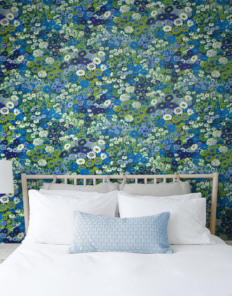 media image for Floral Meadow Peel-and-Stick Wallpaper in Bright Blue & Sap Green 212