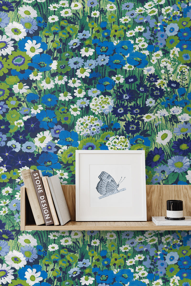 media image for Floral Meadow Peel-and-Stick Wallpaper in Bright Blue & Sap Green 251