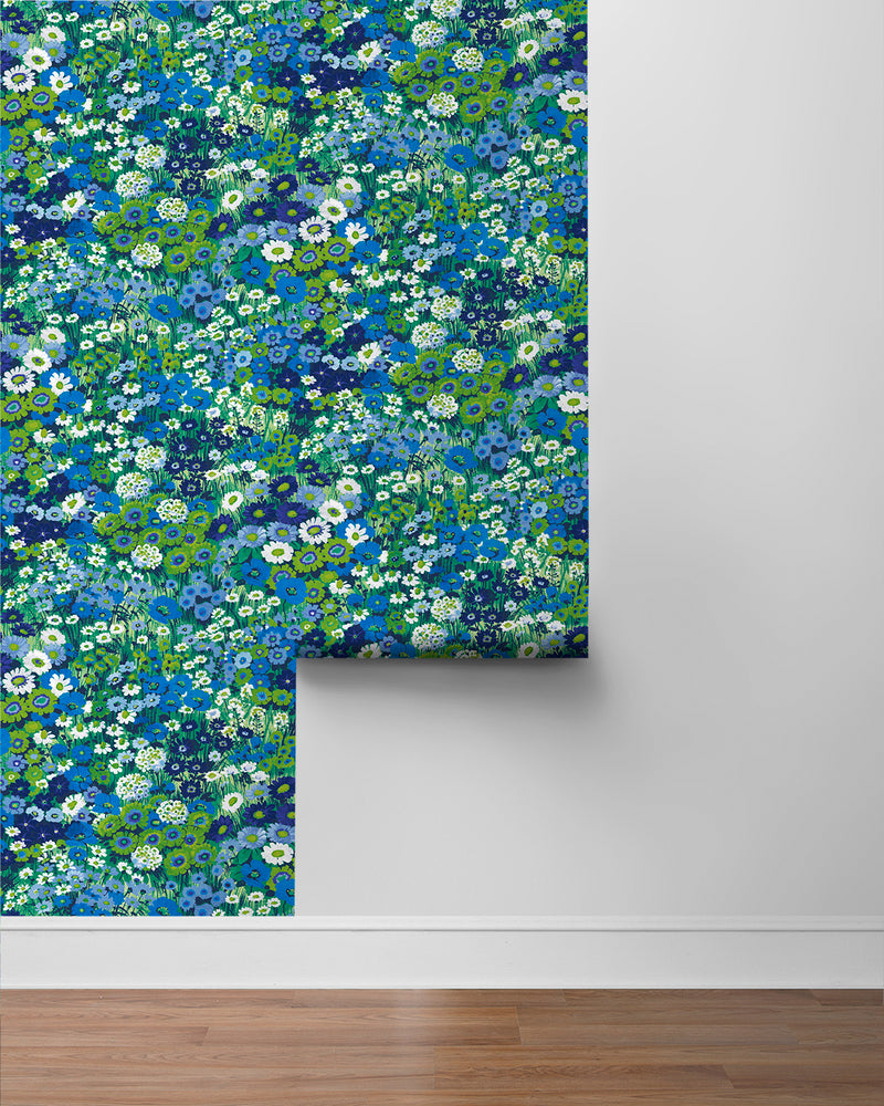 media image for Floral Meadow Peel-and-Stick Wallpaper in Bright Blue & Sap Green 270