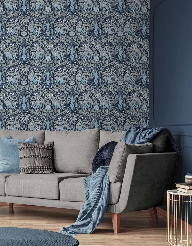 Shop Bird Ogee PeelandStick Wallpaper in Navy & Sky Blue Burke Decor