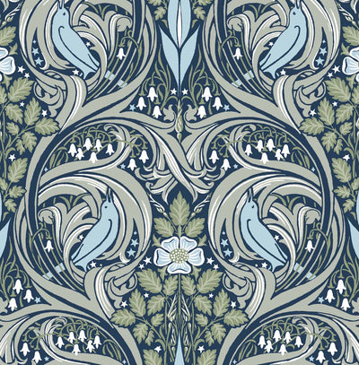 product image of Bird Ogee Peel-and-Stick Wallpaper in Navy & Fern Green 542