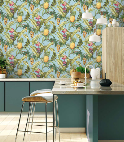 product image for Pineapple Floral Peel-and-Stick Wallpaper in Sky Blue 9