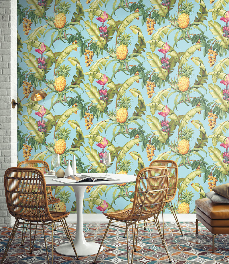 media image for Pineapple Floral Peel-and-Stick Wallpaper in Sky Blue 246