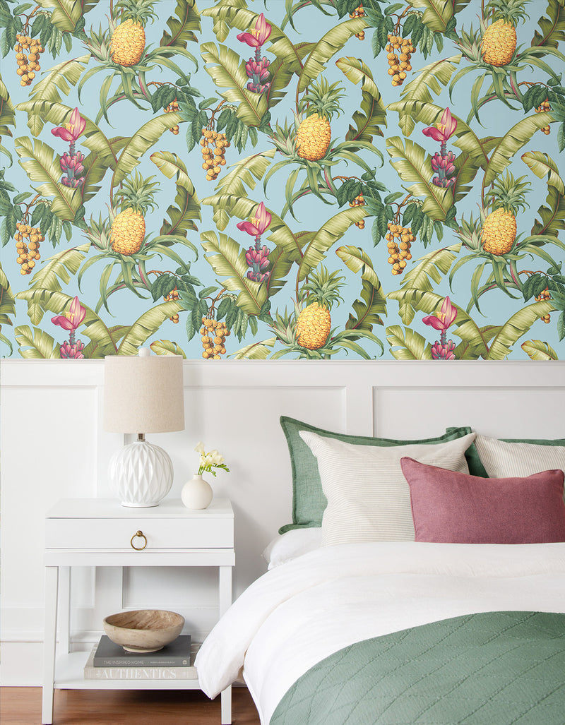 media image for Pineapple Floral Peel-and-Stick Wallpaper in Sky Blue 230