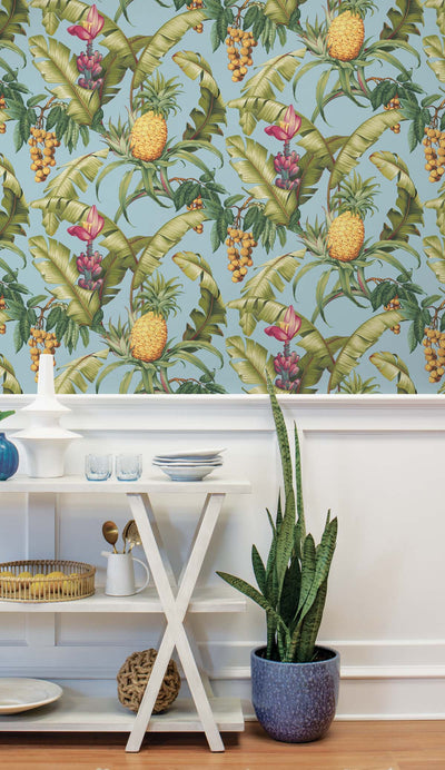 product image for Pineapple Floral Peel-and-Stick Wallpaper in Sky Blue 46