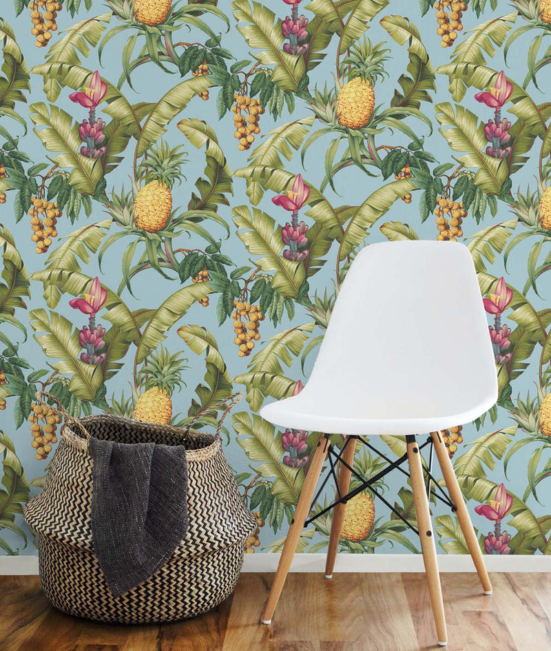 media image for Pineapple Floral Peel-and-Stick Wallpaper in Sky Blue 275