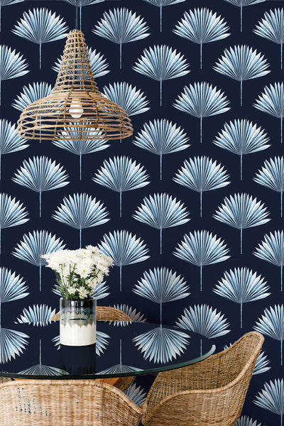 product image for Tropical Fan Palm Peel-and-Stick Wallpaper in Navy Blue 16