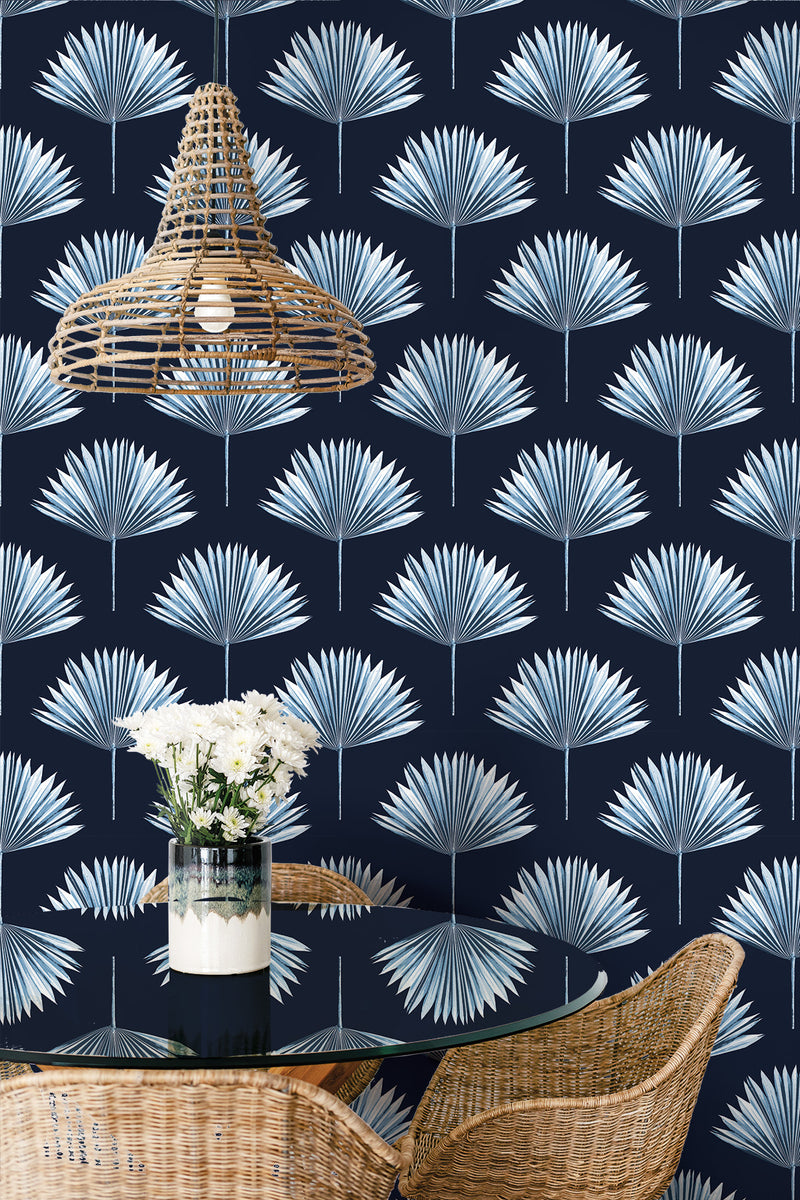 media image for Tropical Fan Palm Peel-and-Stick Wallpaper in Navy Blue 253