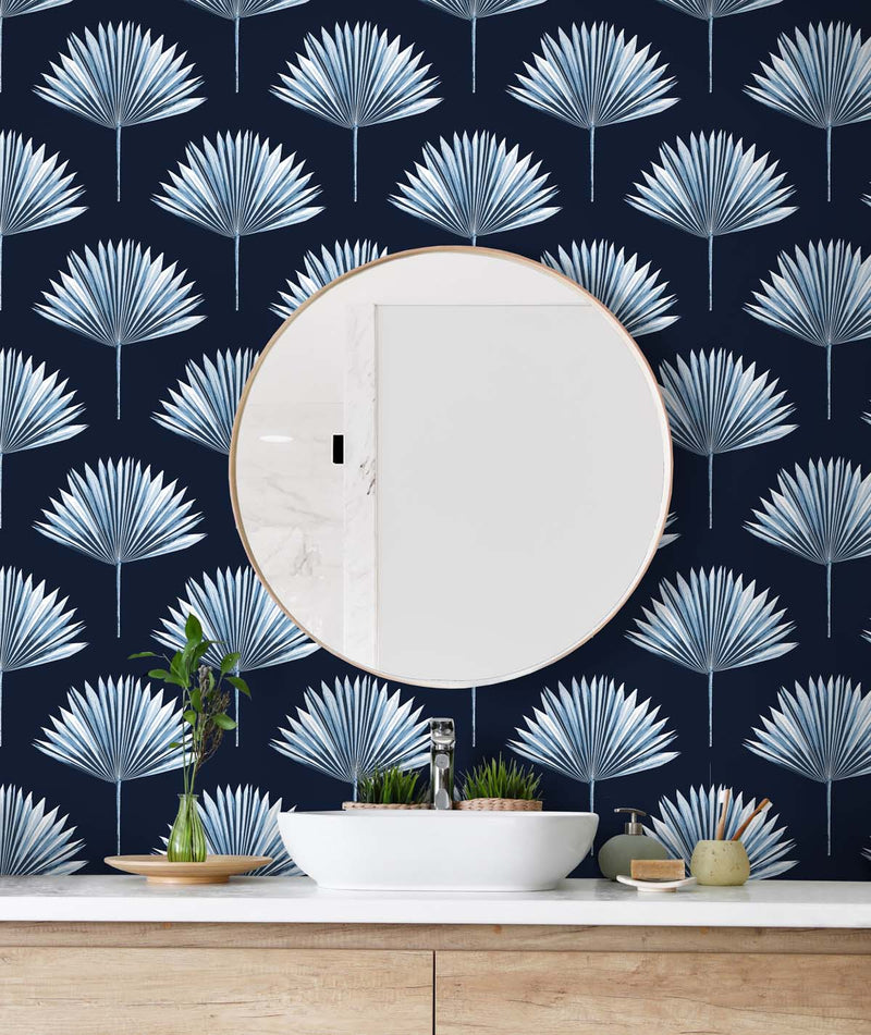 media image for Tropical Fan Palm Peel-and-Stick Wallpaper in Navy Blue 288