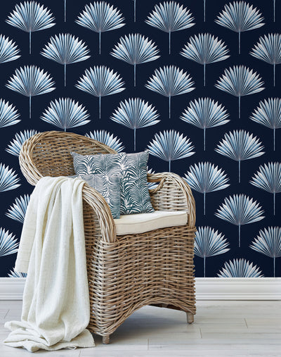 product image for Tropical Fan Palm Peel-and-Stick Wallpaper in Navy Blue 95