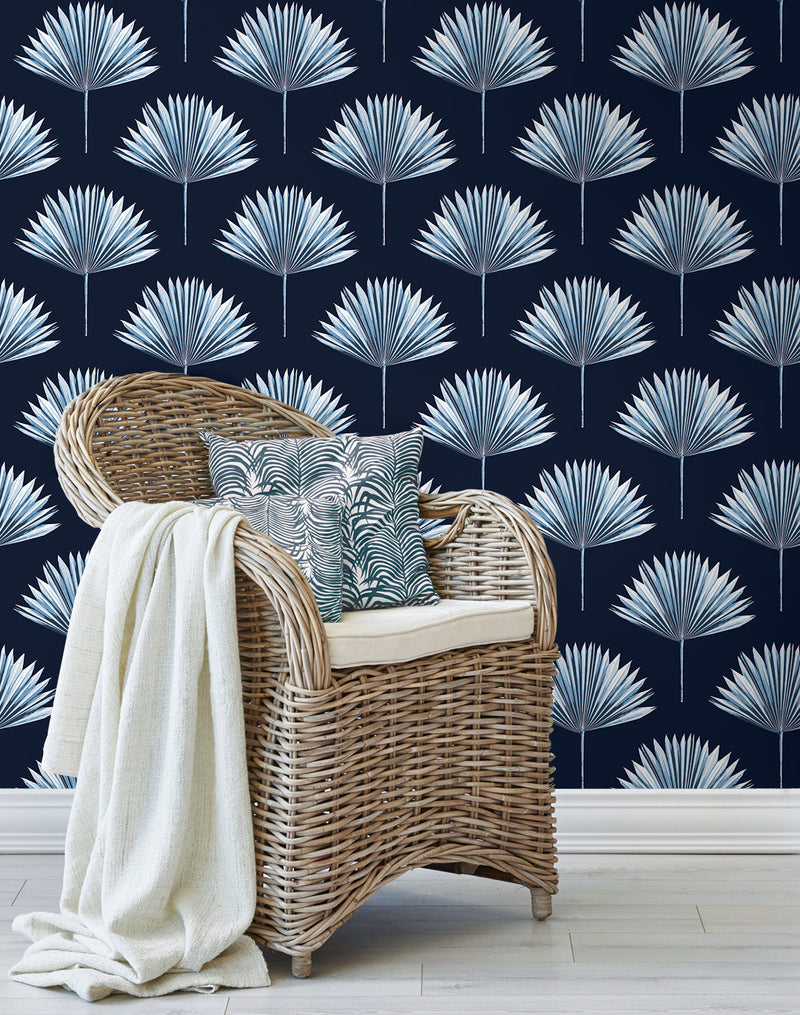 media image for Tropical Fan Palm Peel-and-Stick Wallpaper in Navy Blue 252
