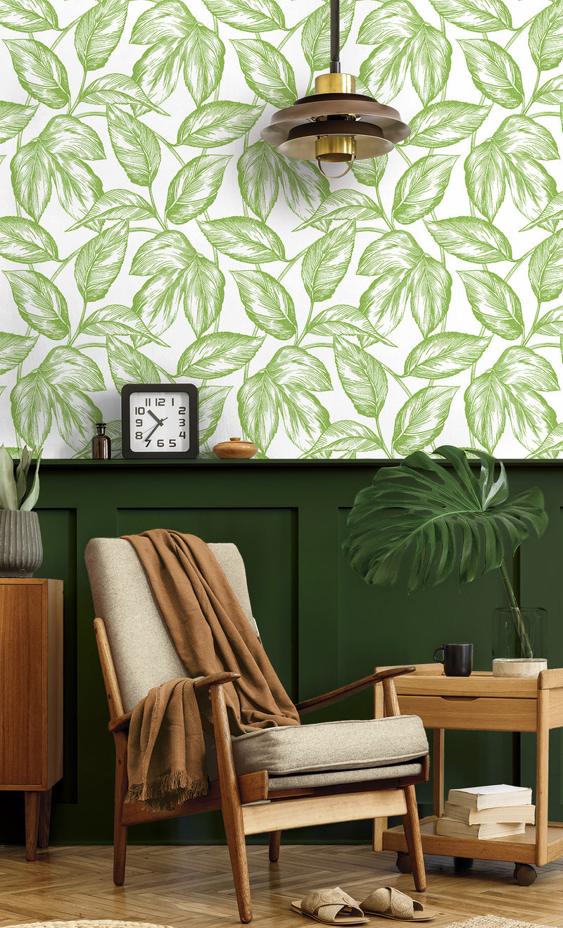 media image for Sketched Leaves Peel-and-Stick Wallpaper in Greenery 261