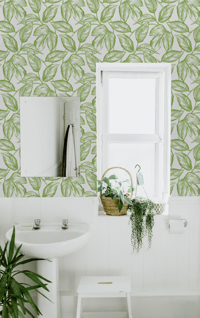 media image for Sketched Leaves Peel-and-Stick Wallpaper in Greenery 274