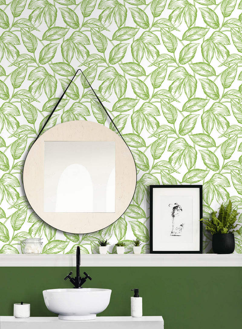 media image for Sketched Leaves Peel-and-Stick Wallpaper in Greenery 29