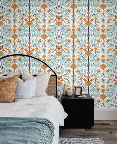 product image for Folk Floral Peel-and-Stick Wallpaper in Verdigris & Orange 34