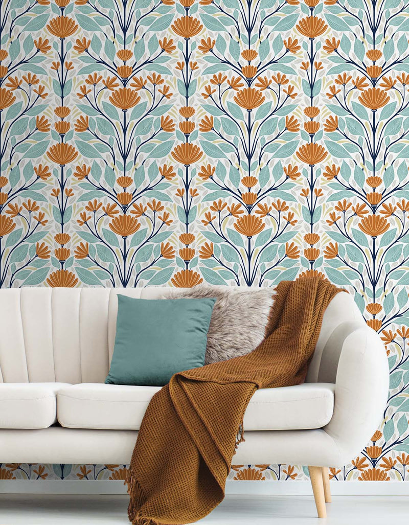 media image for Folk Floral Peel-and-Stick Wallpaper in Verdigris & Orange 276
