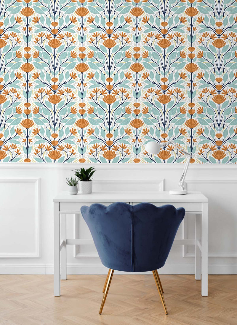 media image for Folk Floral Peel-and-Stick Wallpaper in Verdigris & Orange 274