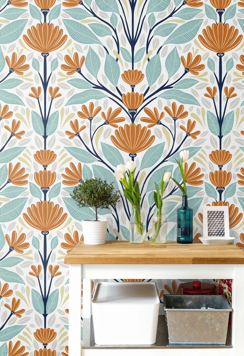 media image for Folk Floral Peel-and-Stick Wallpaper in Verdigris & Orange 232