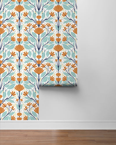 product image for Folk Floral Peel-and-Stick Wallpaper in Verdigris & Orange 74