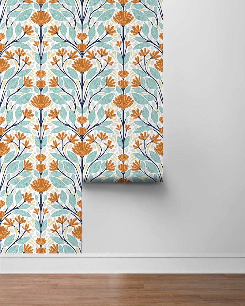 media image for Folk Floral Peel-and-Stick Wallpaper in Verdigris & Orange 227