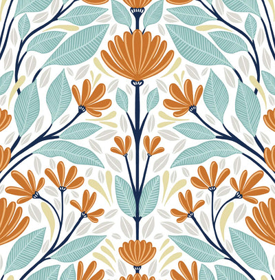 product image of Sample Folk Floral Peel-and-Stick Wallpaper in Verdigris & Orange 585