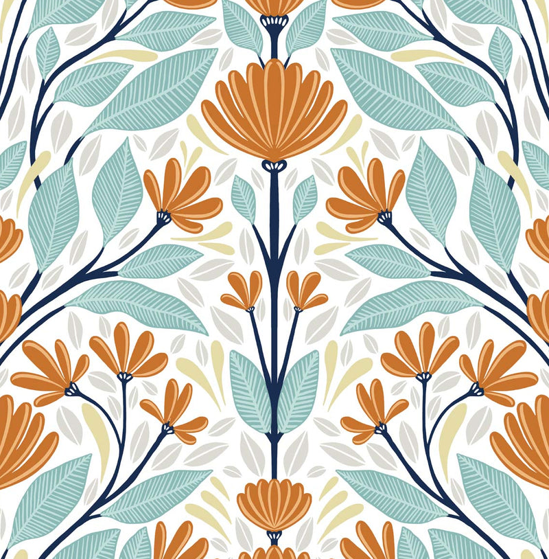 media image for Folk Floral Peel-and-Stick Wallpaper in Verdigris & Orange 298