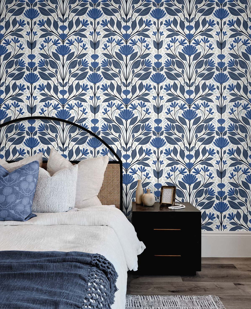 media image for Folk Floral Peel-and-Stick Wallpaper in Blue Sapphire & Pavestone 226